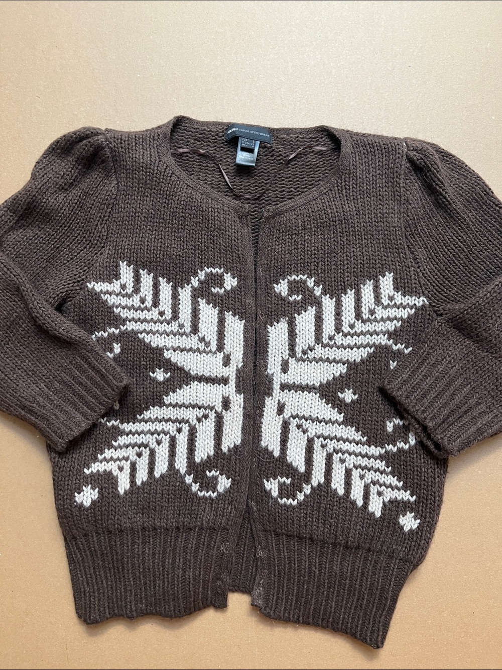 MNG Mango Brown Wool Blend Nordic Fair Isle Hook & Eye Cardigan Puff Sleeve S